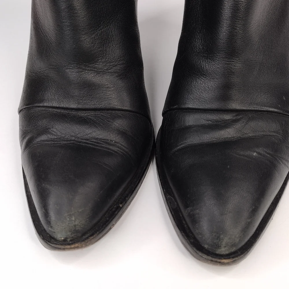 Vince Women's Black Leather Side Zipper Pointed Toe Stacked Heeled Ankle Boots